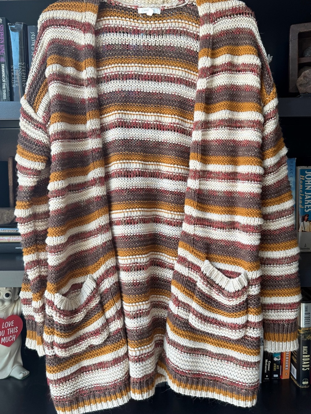 Maurices Striped Open-Front Cardigan in Cream, Brown & Mustard
